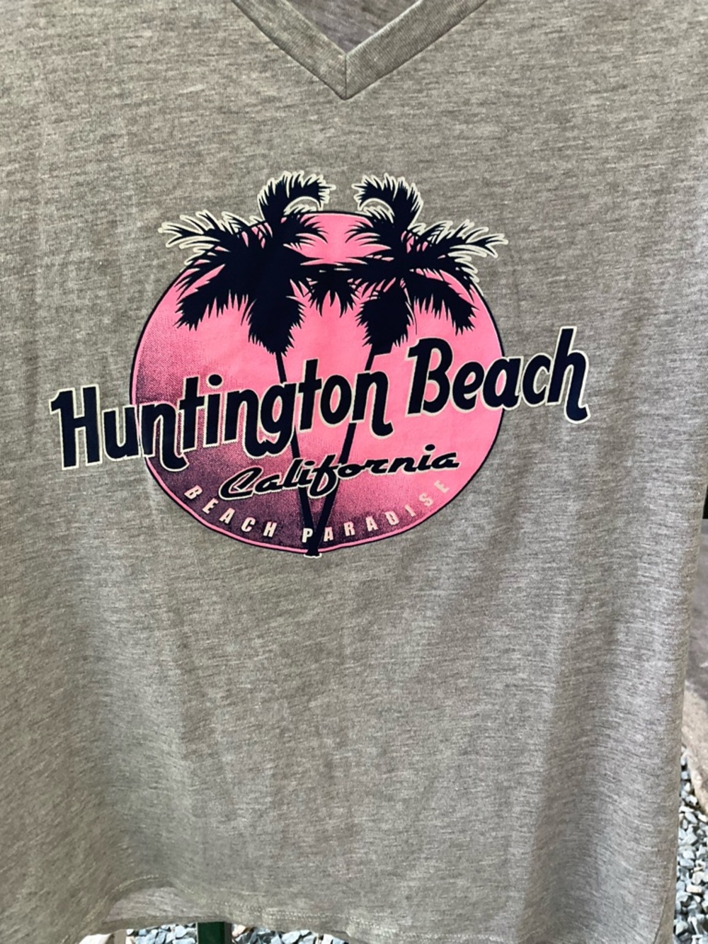 7-2026 Huntington Beach California Short Sleeve V-Neck Tee - Gray with Pink